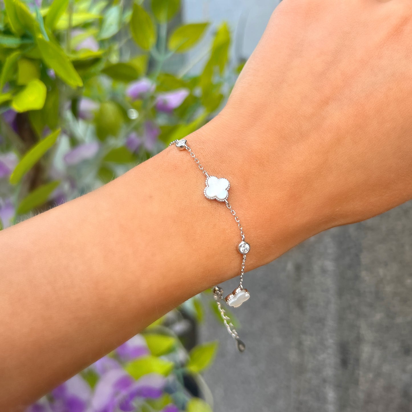 Dainty Sterling Silver White Mother of Pearl & Cubic Zirconia Clover Bracelet