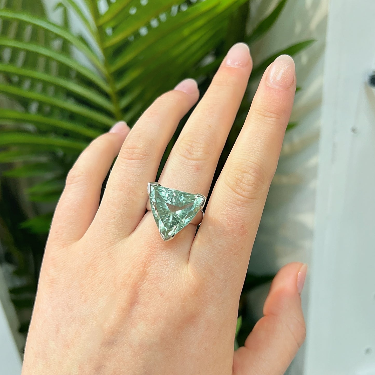 Chunky Sterling Silver Trillion-Cut Green Amethyst Cocktail Ring - Size R ½