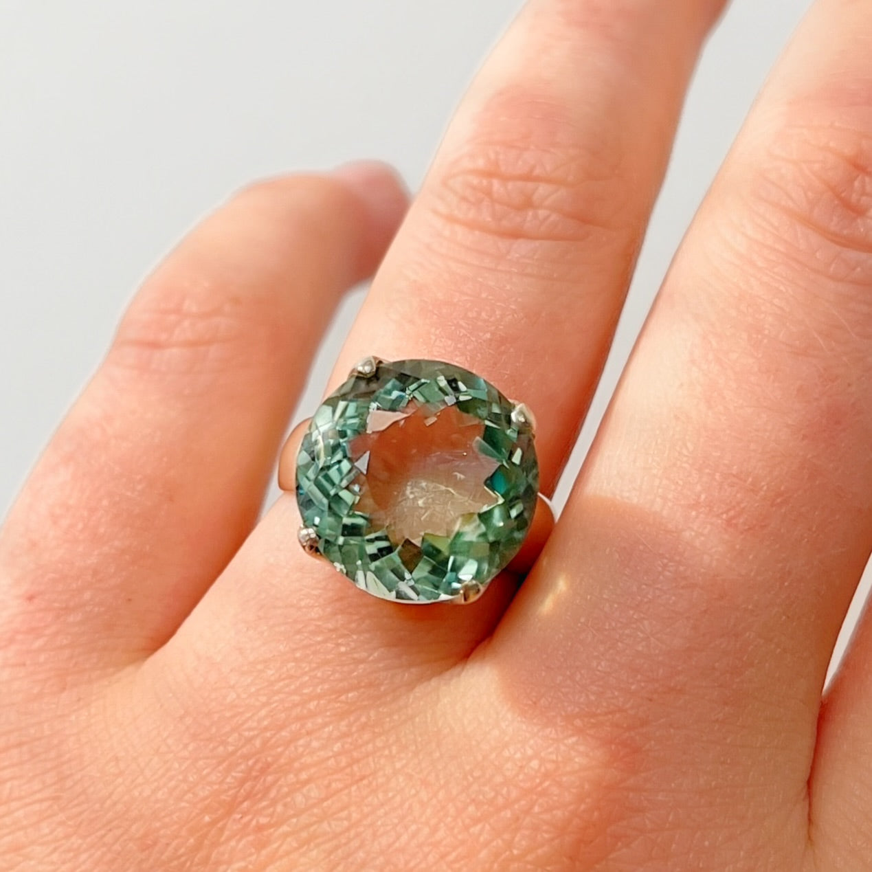 Sterling Silver Round-Cut Green Amethyst Cocktail Ring - Size M ½