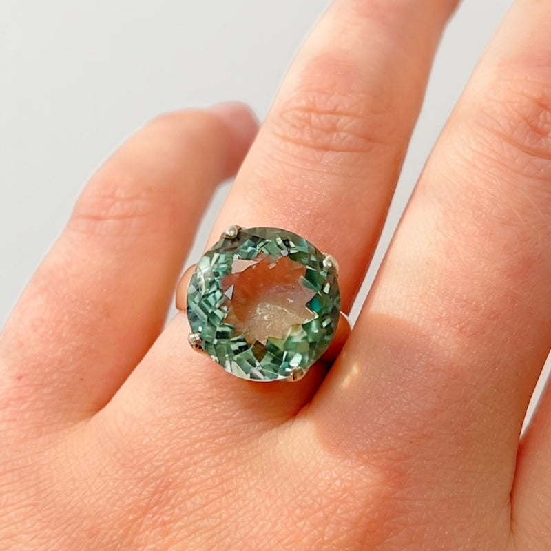 RESERVED | Sterling Silver Round-Cut Green Amethyst Cocktail Ring - Size M ½
