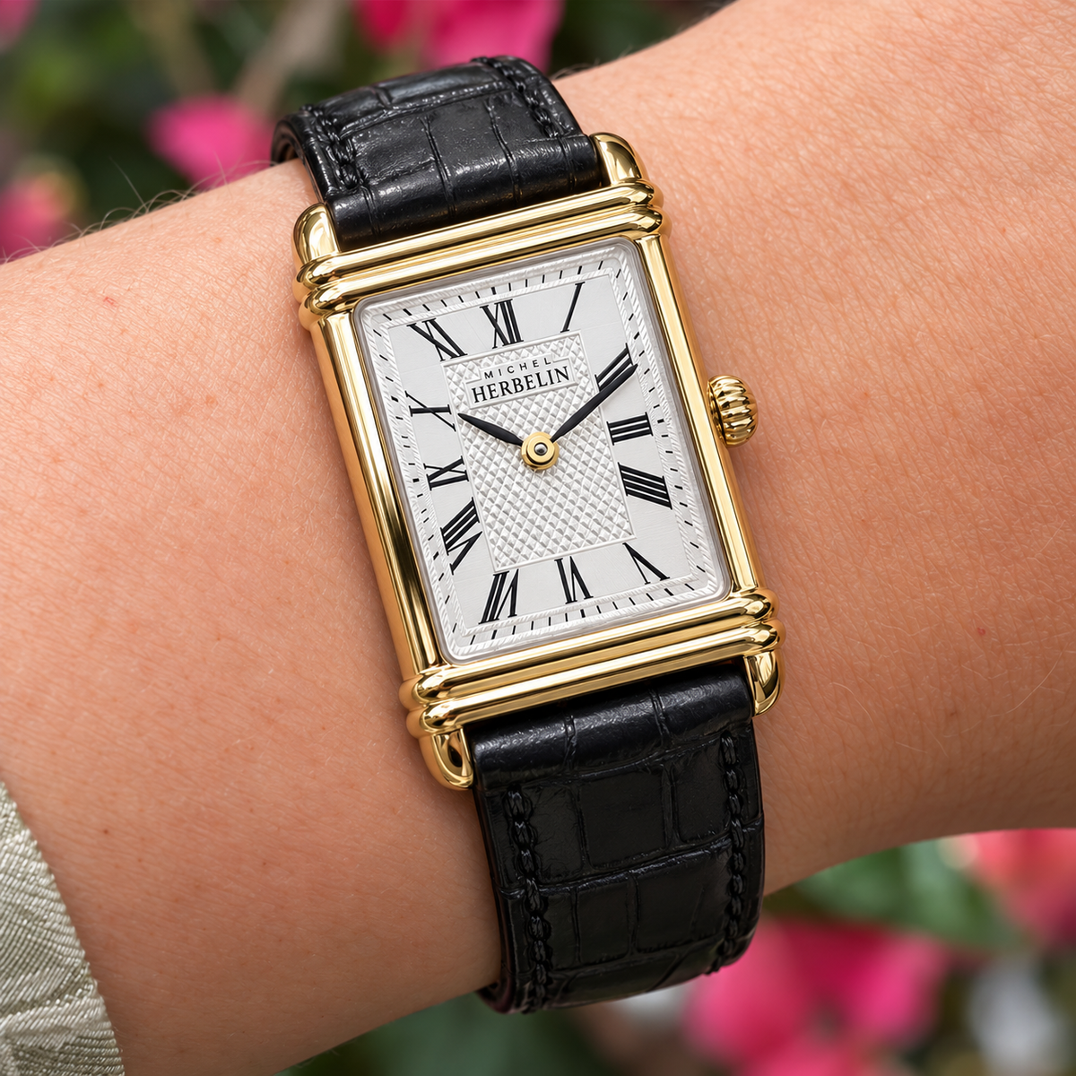 Herbelin | Art Deco Gold Steel Square Watch with Black Leather Strap | Ladies