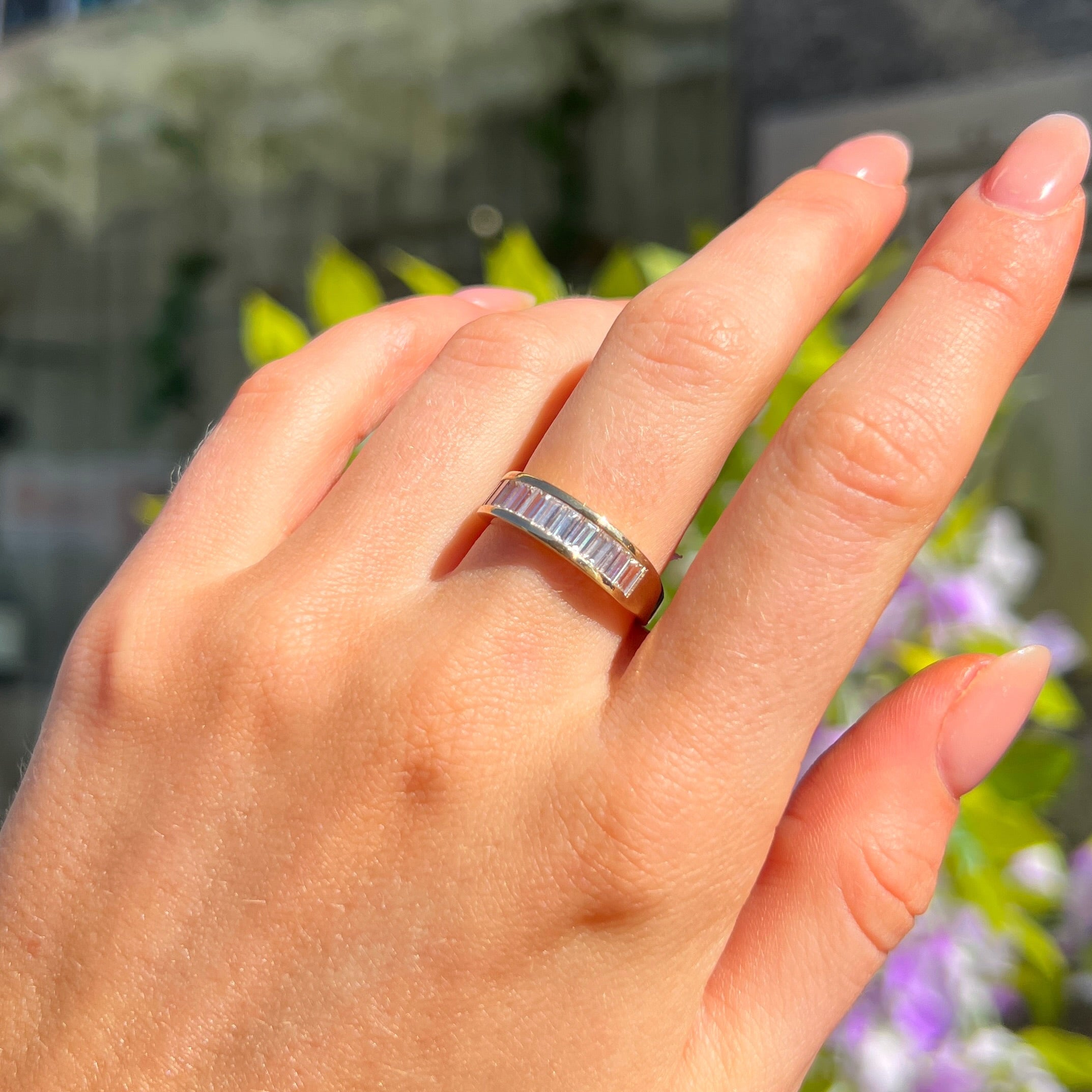 Baguette Cut Tension Set Cubic Zirconia 9ct Yellow Gold Band Ring | Size N ½