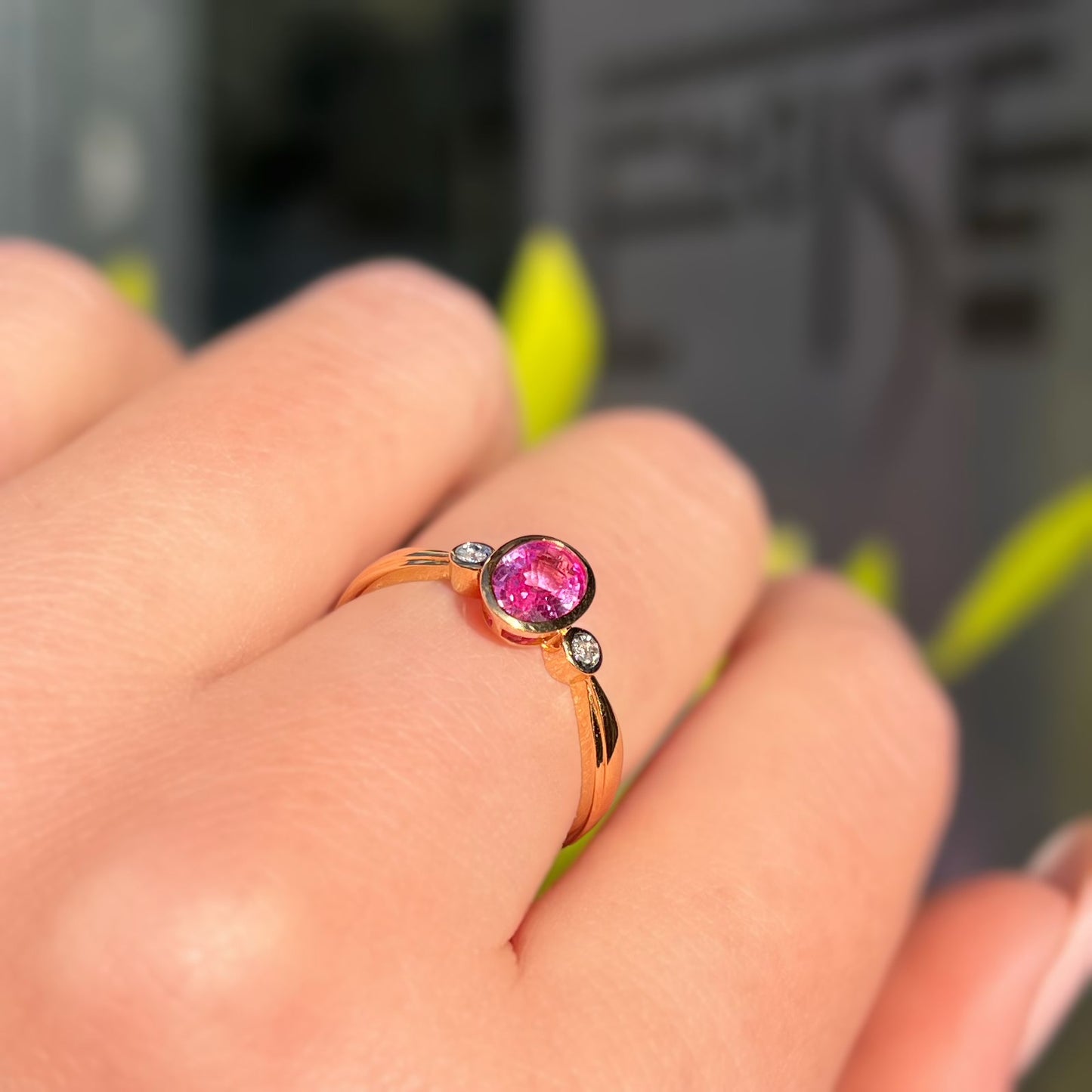 'Aurora' Ring - 9ct Yellow Gold Pink Sapphire and Diamond Trilogy Size O