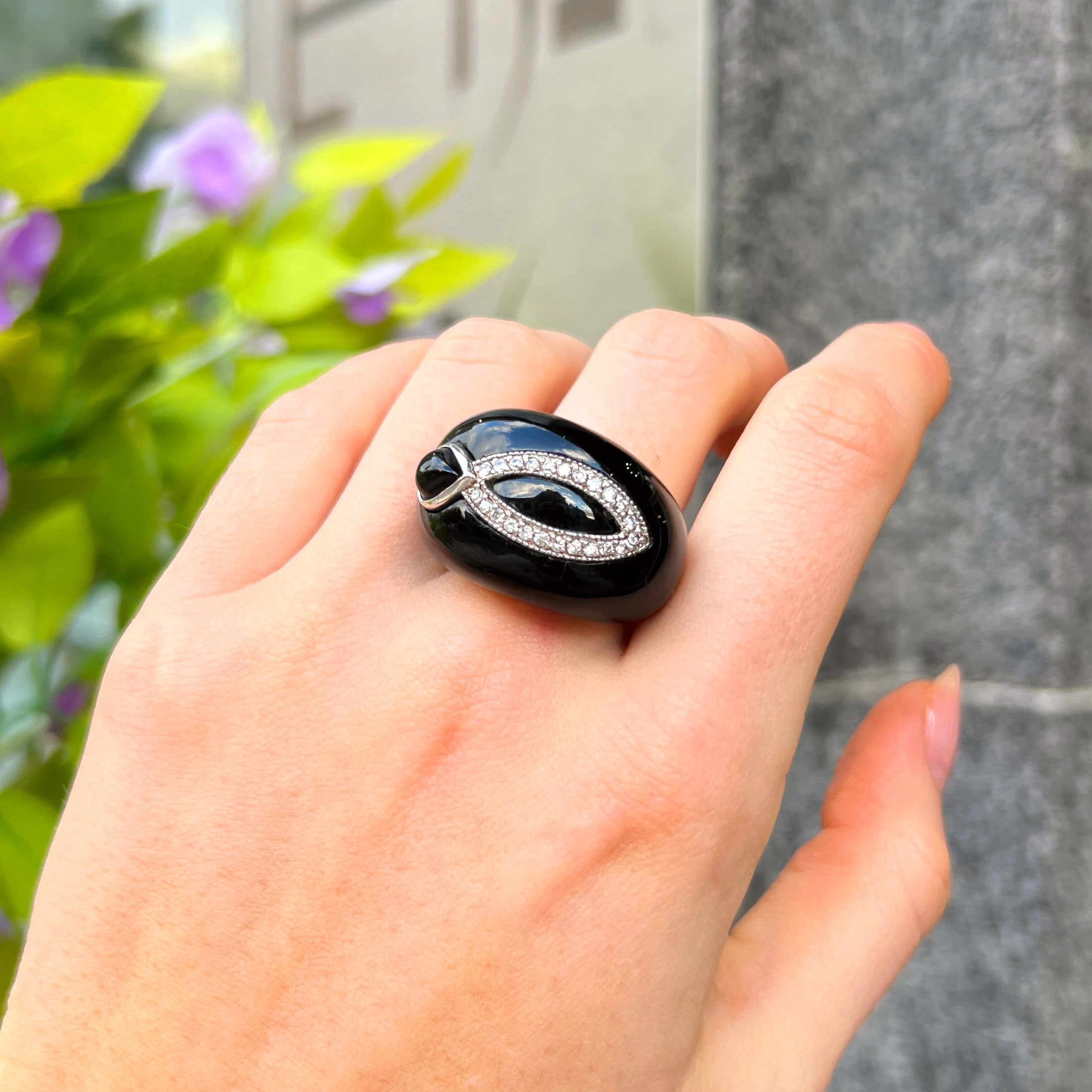 Onyx & Cubic Zirconia Sterling Silver Chunky Design Ring | Size Q