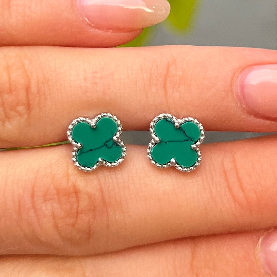 Sterling Silver Green Clover Stud Earrings