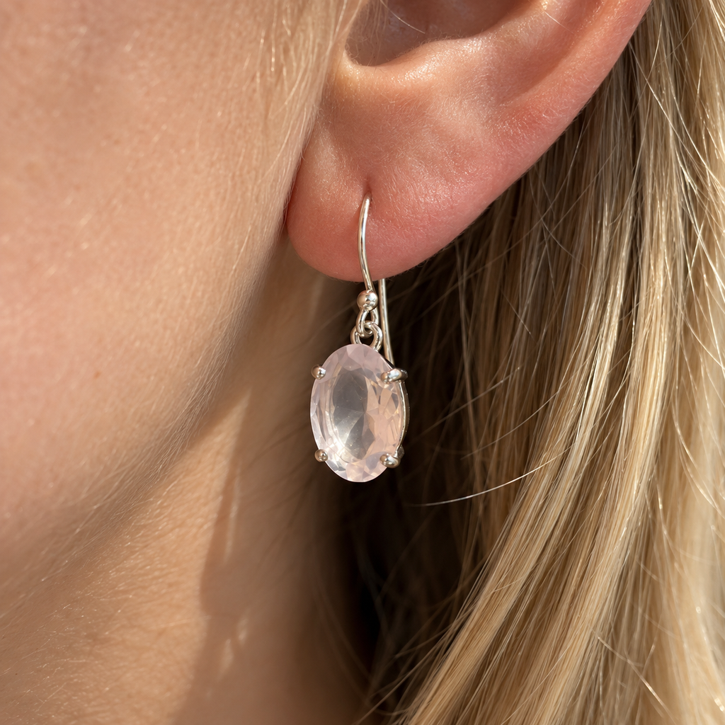 Rose Quartz Sterling Silver Oval Faceted Drop Earrings