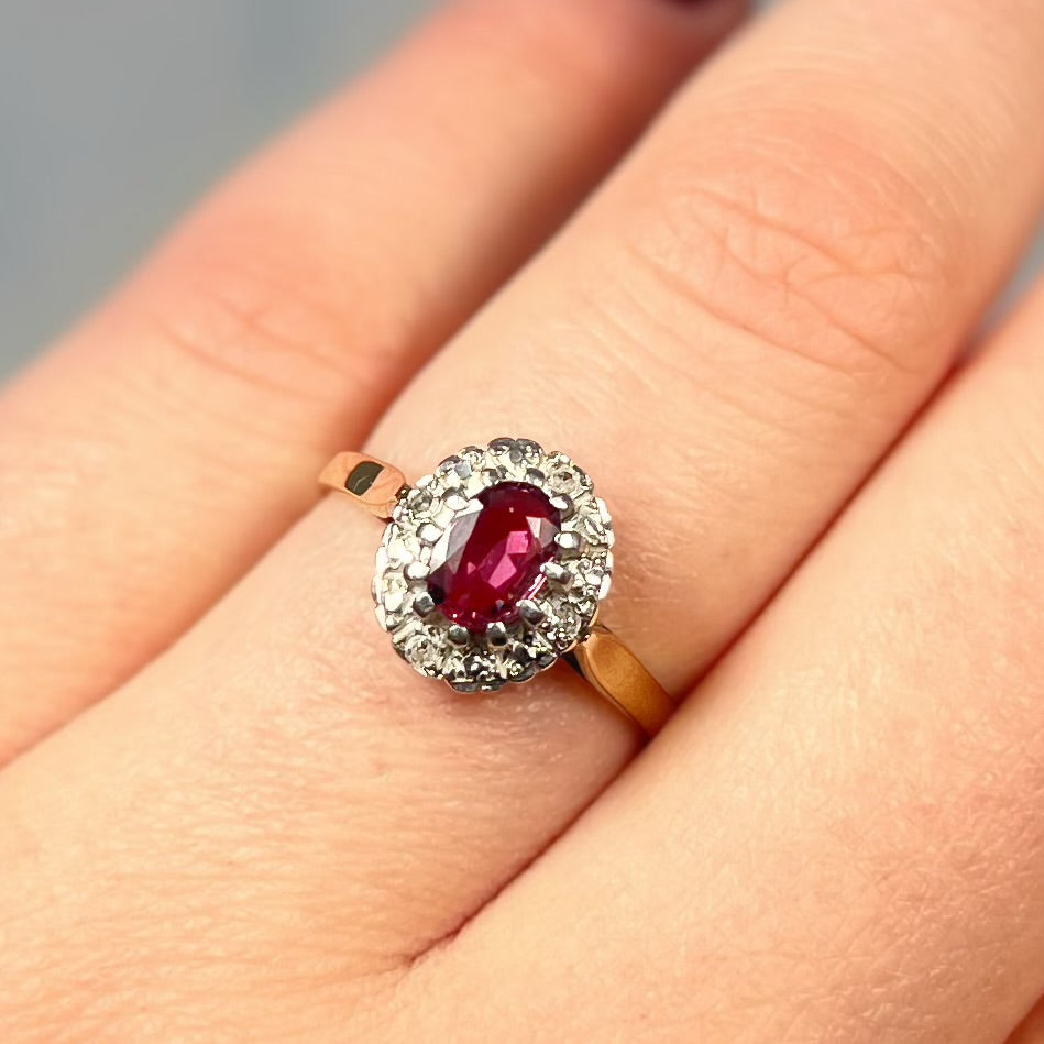 Vintage 9ct Yellow Gold Ruby and Diamond Cluster Ring - Size L