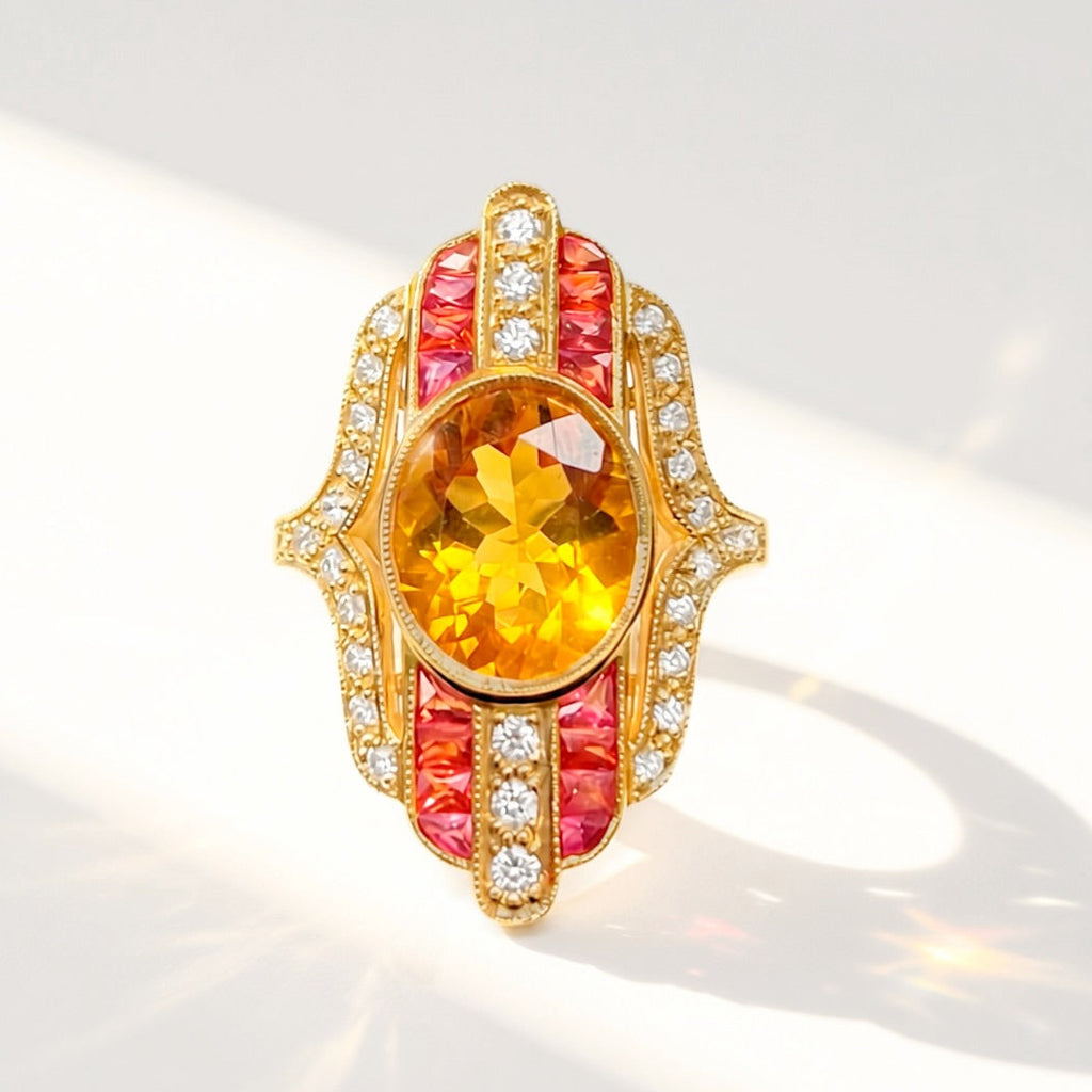 'The Soleil' Citrine, Orange Sapphire and Diamond 18ct Yellow Gold Cocktail Ring | Size M ½
