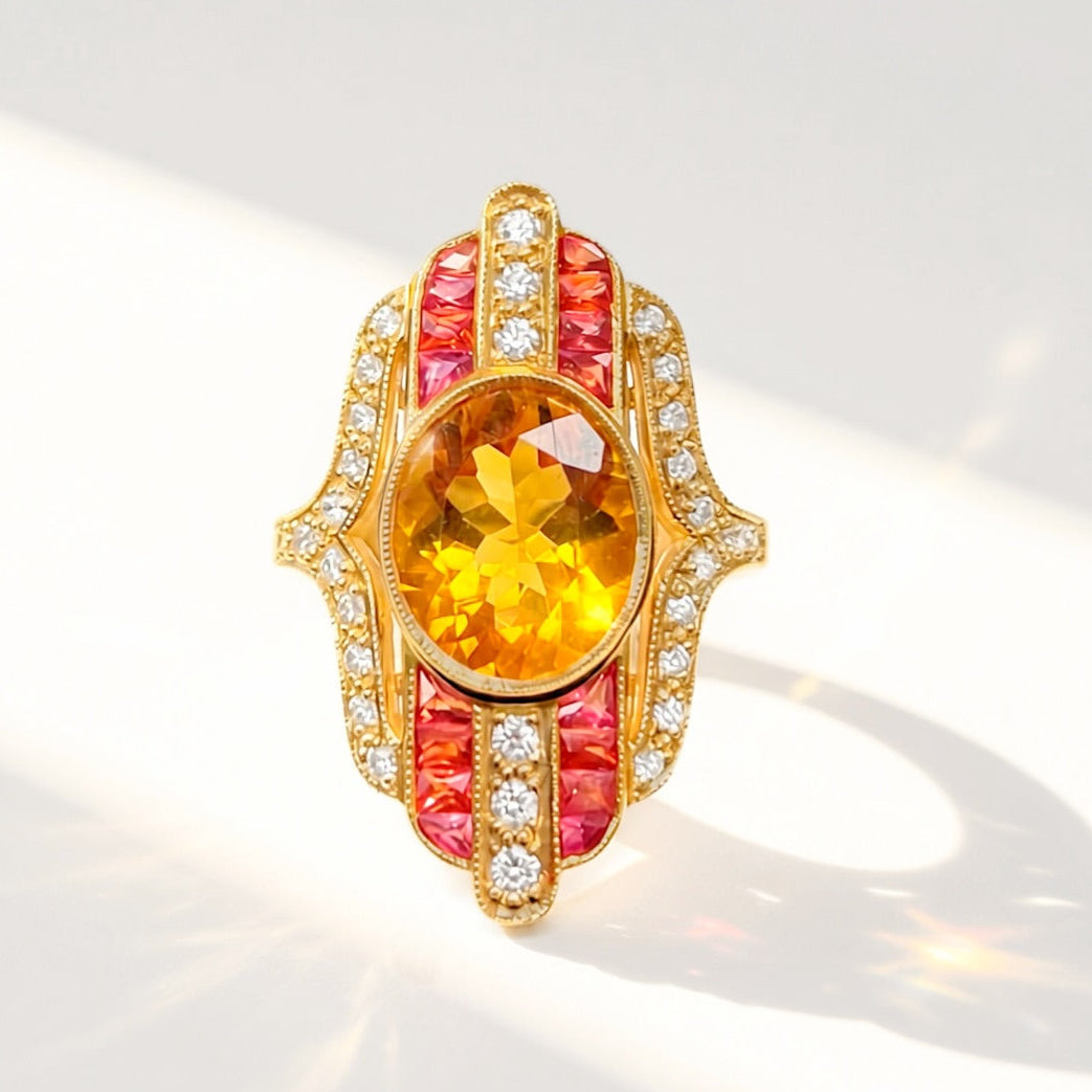 'The Soleil' Citrine, Orange Sapphire and Diamond 18ct Yellow Gold Cocktail Ring | Size M ½