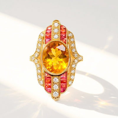 'The Soleil' Citrine, Orange Sapphire and Diamond 18ct Yellow Gold Cocktail Ring | Size M ½