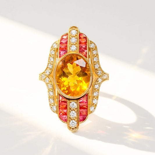 The Soleil Ring | 18ct Yellow Gold Citrine, Orange Sapphire and Diamond Cocktail Ring Size M 1/2