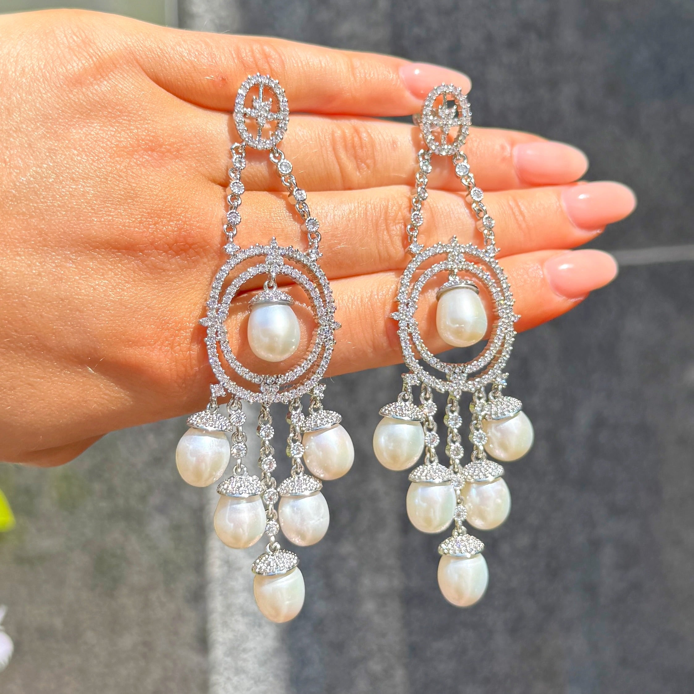 Freshwater Pearl & Cubic Zirconia Sterling Silver Drop Earrings