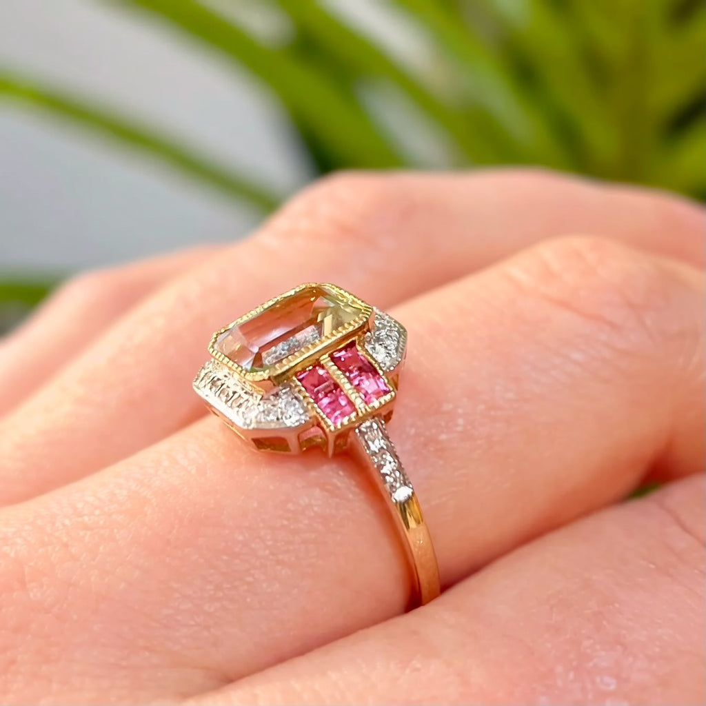 RESERVED | Art Deco Inspired Green Amethyst and Pink Tourmaline 9ct Yellow Gold Ring | Size O ½