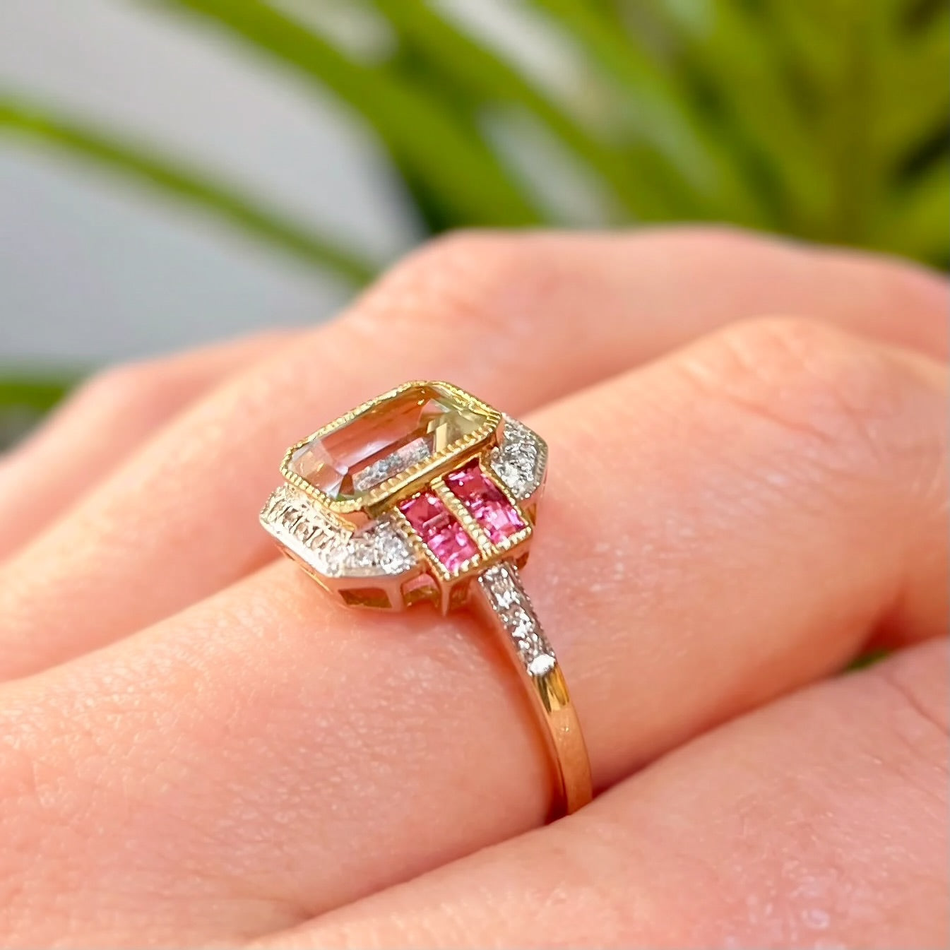RESERVED | Art Deco Inspired Green Amethyst and Pink Tourmaline 9ct Yellow Gold Ring | Size O ½