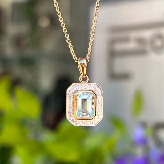 9ct Yellow Gold Aquamarine and Diamond Dainty Art Deco Inspired Necklace