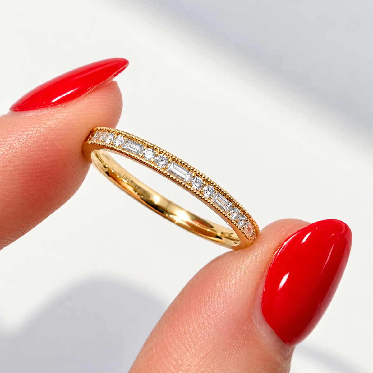 Brilliant and Baguette Cut Diamond 18ct Yellow Gold Half Eternity Ring | Size M ½