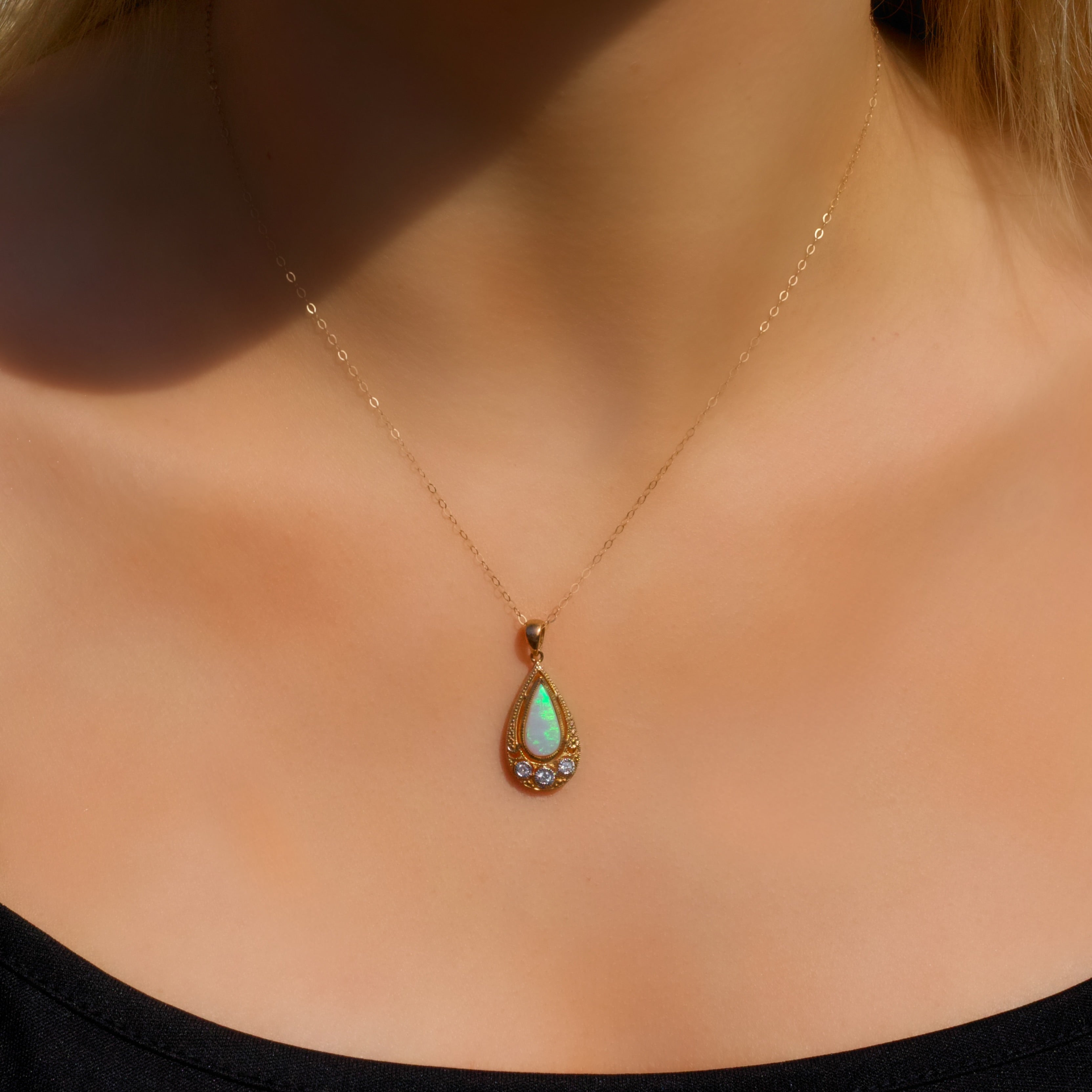 Art Deco Inspired Opal and Diamond 9ct Yellow Gold Necklace
