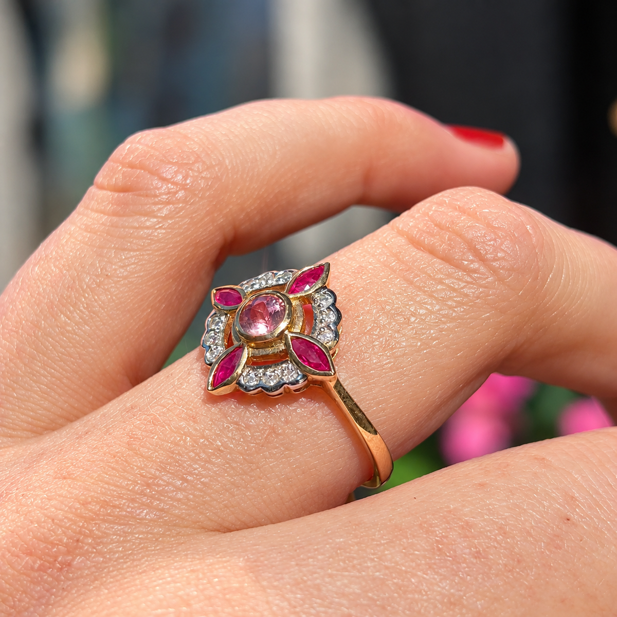 Edwardian Reproduction Pink Tourmaline, Ruby and Diamond 9ct Yellow Gold Ring | Size O
