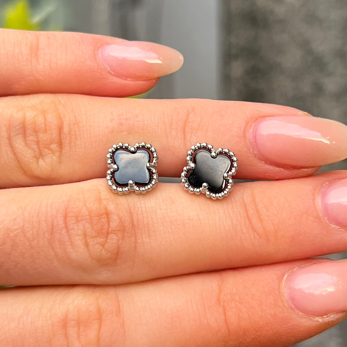 Sterling Silver Black Onyx Clover Stud Earrings