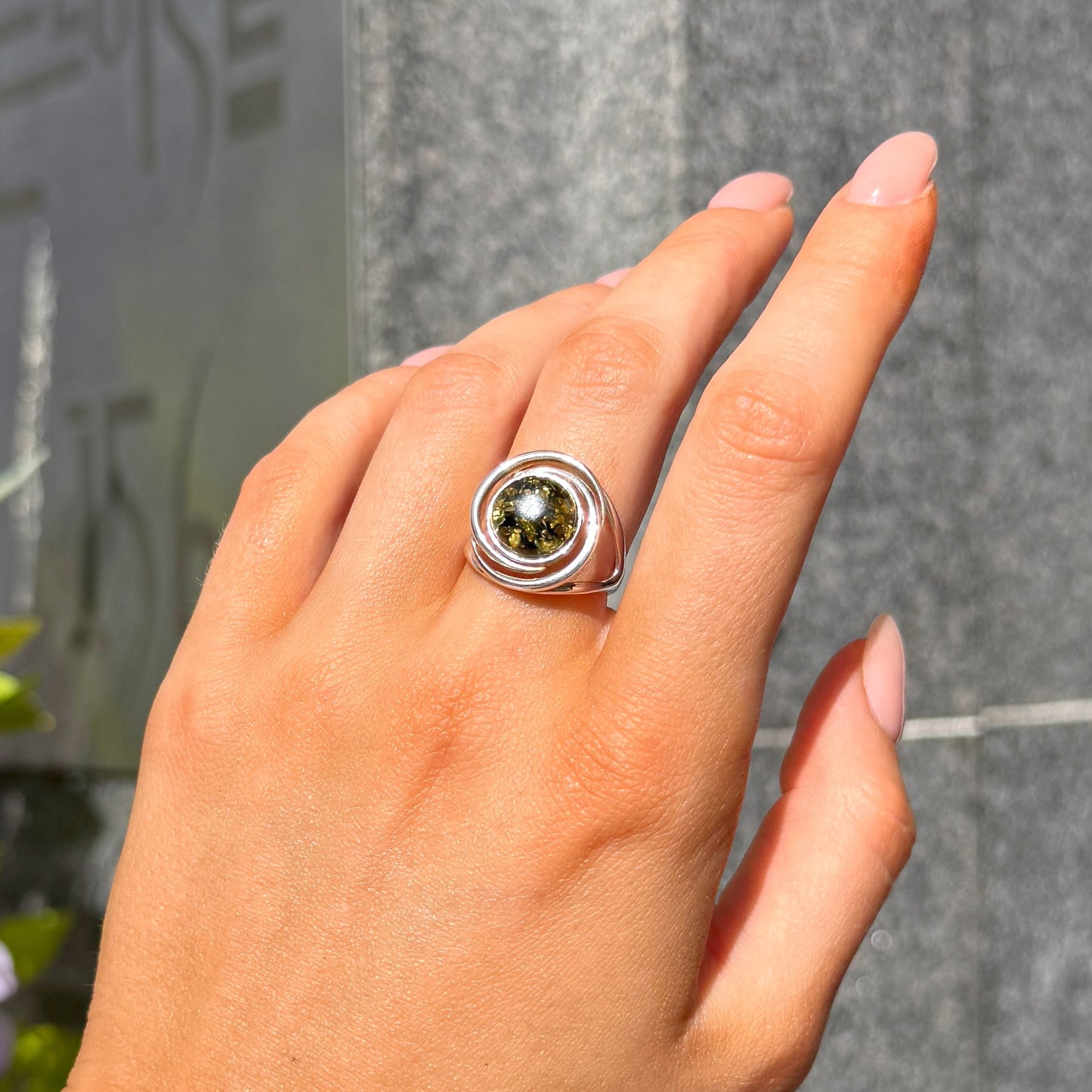 Green Amber Sterling Silver Round Spiral Ring - Size M