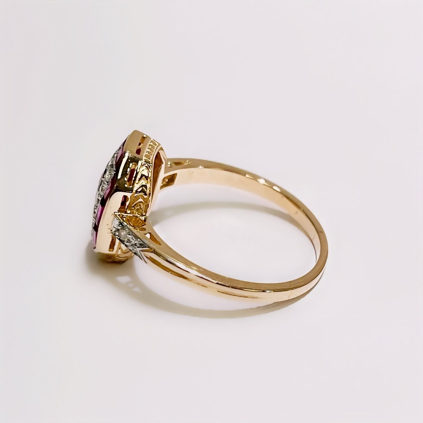 Art Deco Inspired 9ct Yellow Gold Red Ruby and Diamond Ring - Size O