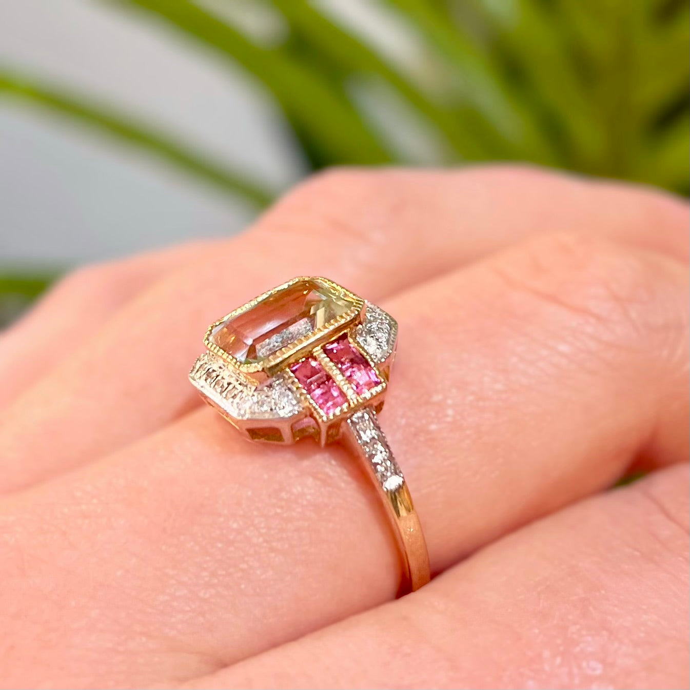 Art Deco Inspired 9ct Yellow Gold Green Amethyst and Pink Tourmaline Ring - Size O ½