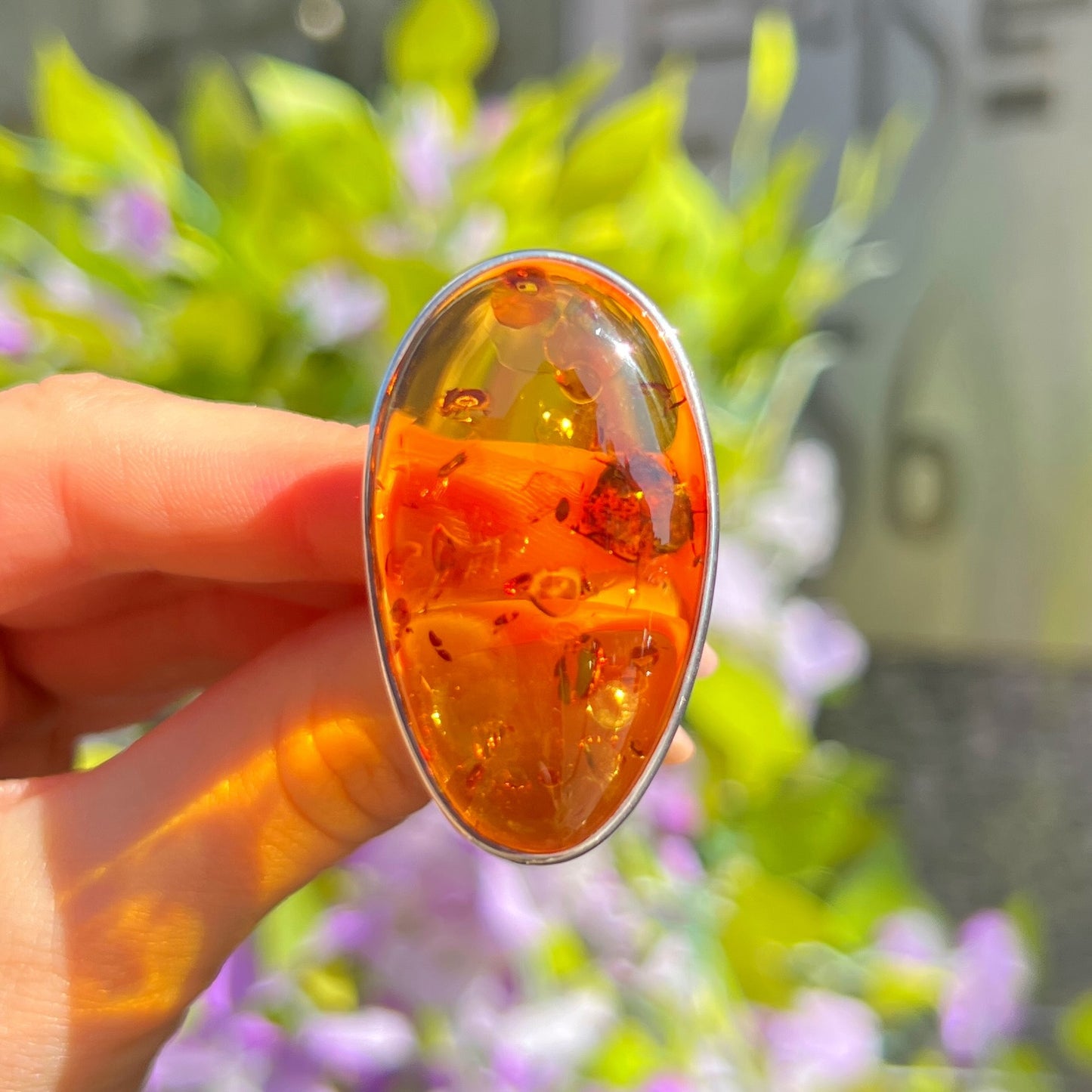 Super Chunky Sterling Silver Orange Amber Ring - Size U