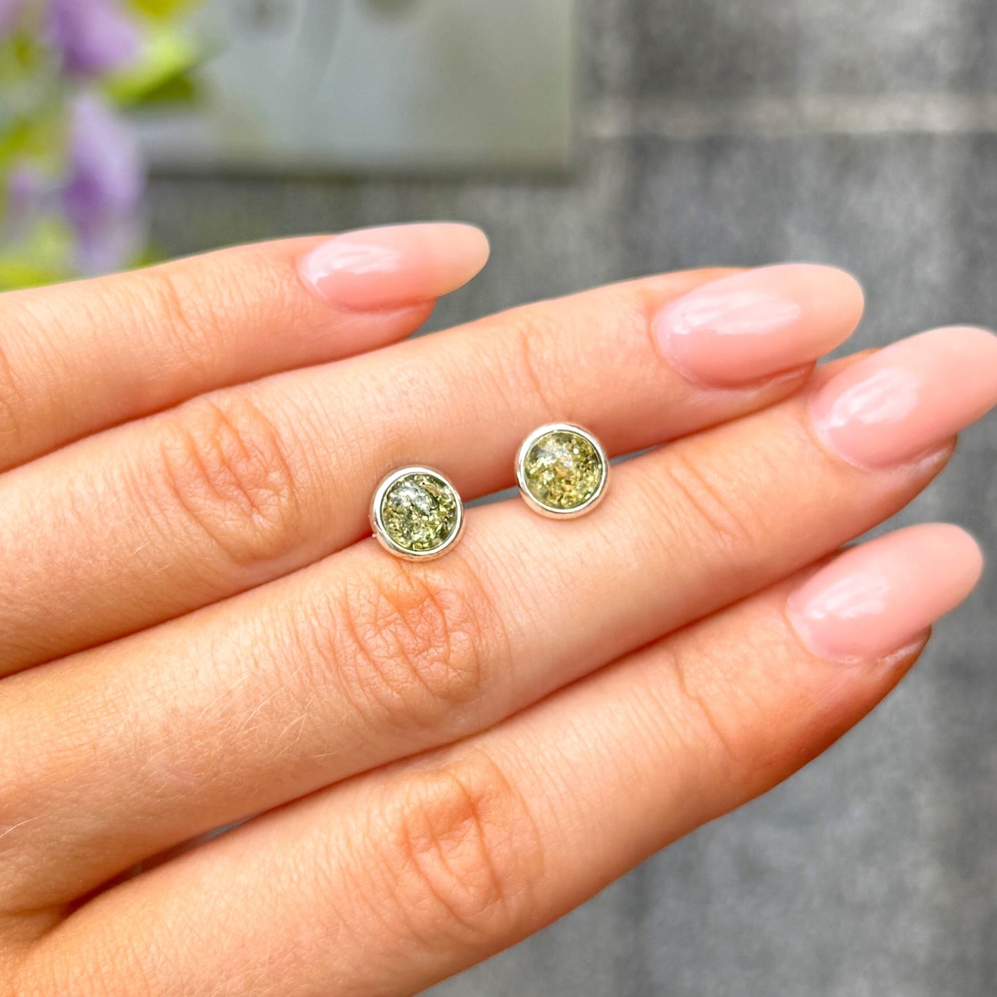 Green Amber Sterling Silver Round Stud Earrings