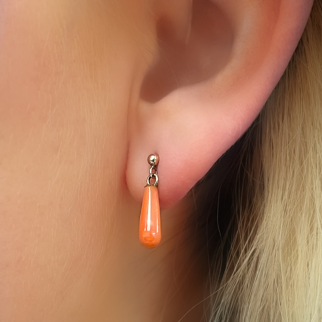 Dainty Antique 9ct Yellow Gold Coral Drop Earrings