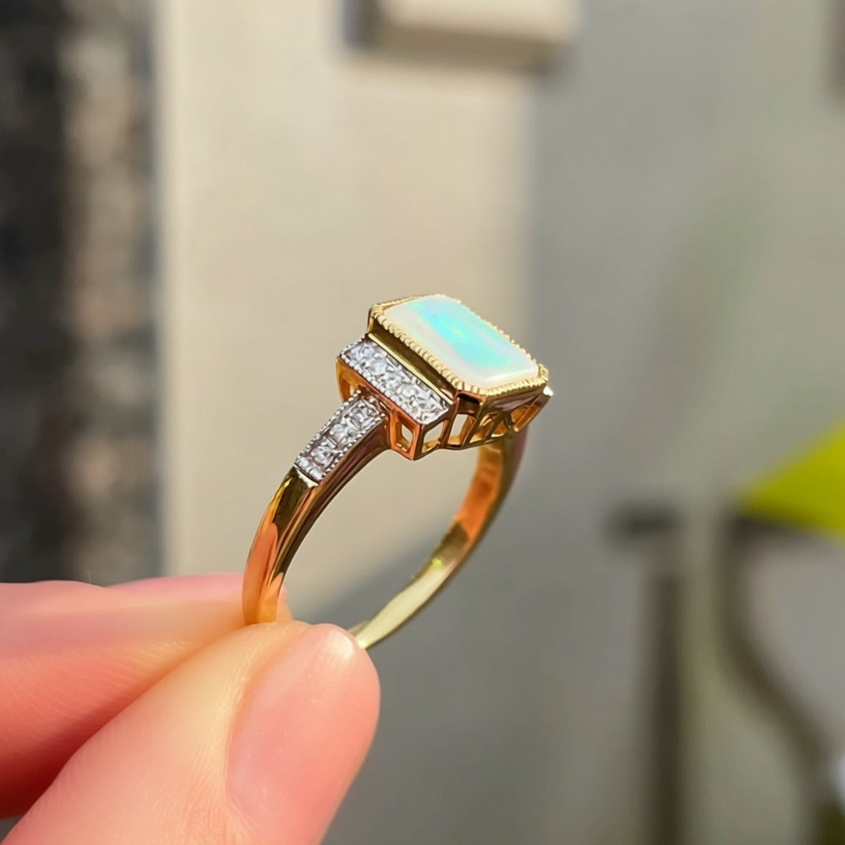 'The Opalina' Rectangular Opal and Diamond 9ct Yellow Gold Ring | Size K