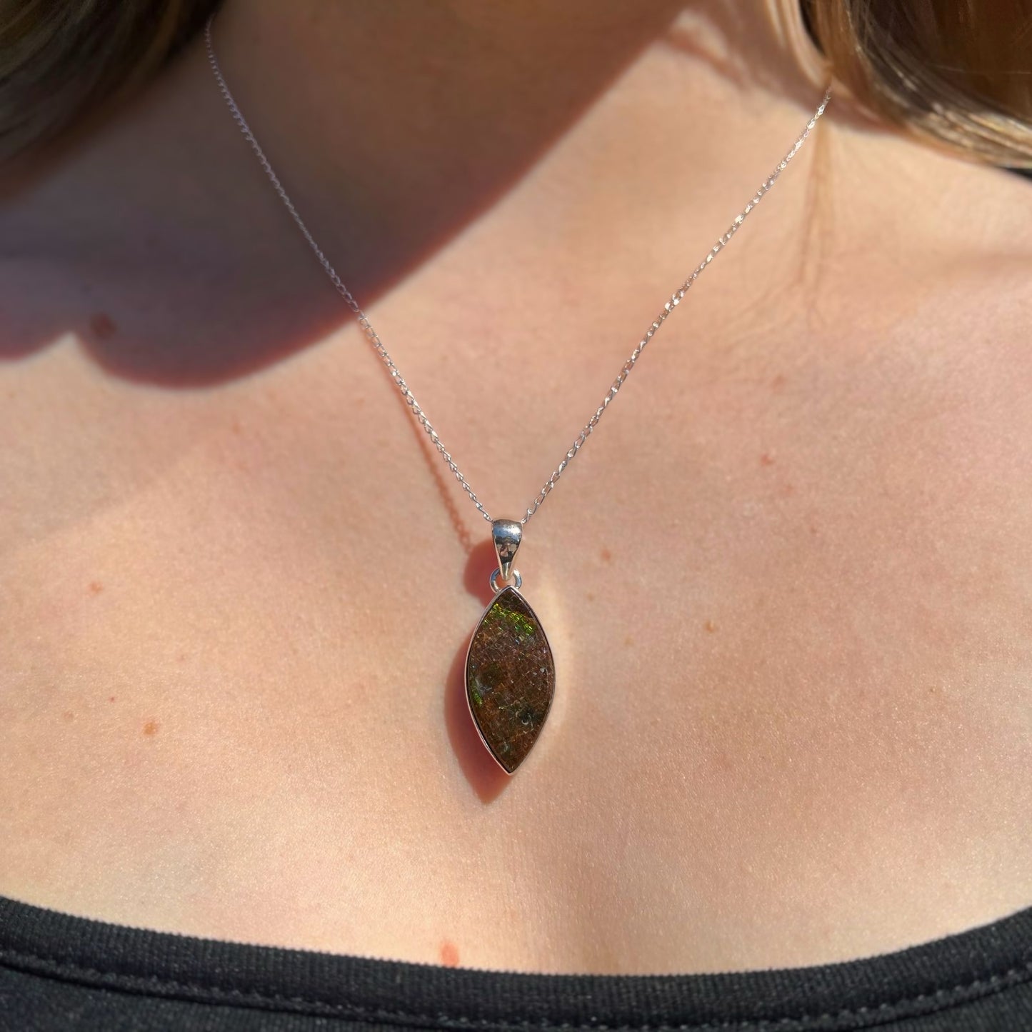 RARE Sterling Silver Fossilied Ammolite Marquise-Shaped Necklace