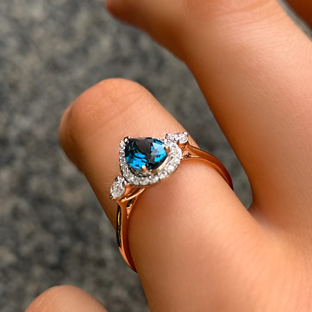 London Blue Topaz and Diamond 9ct Rose Gold Ring | Size M