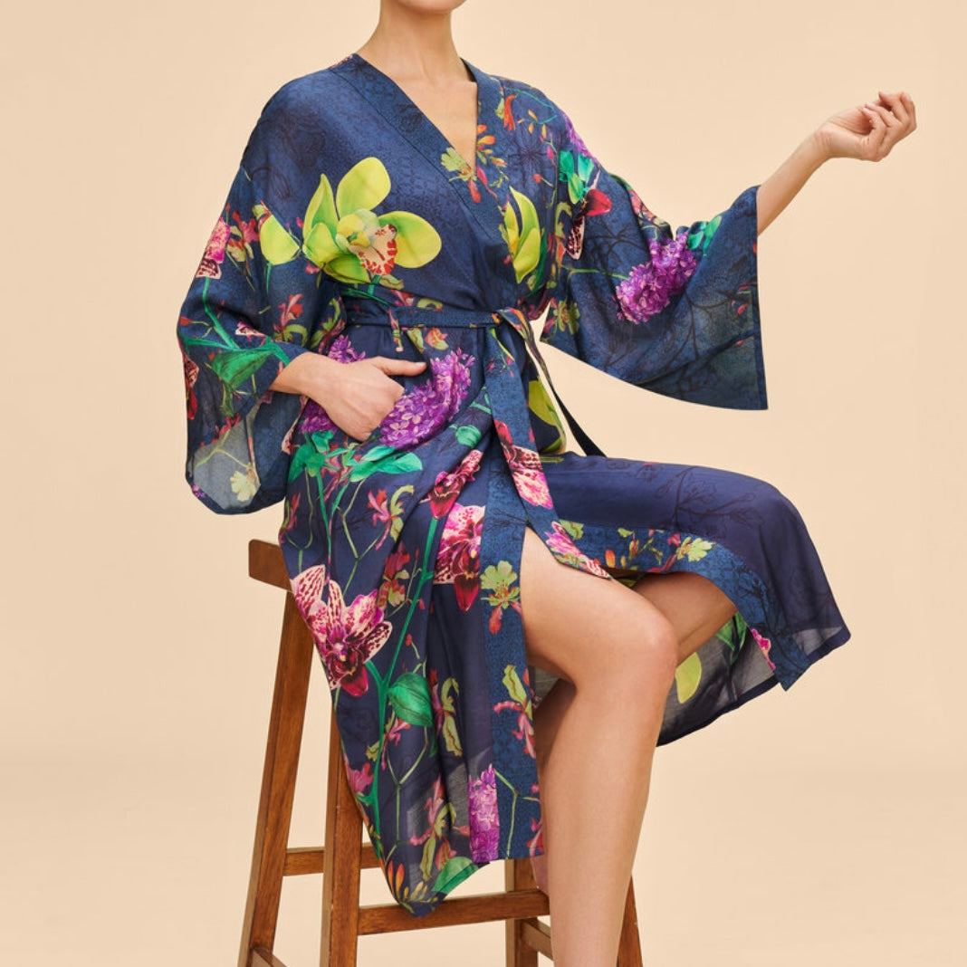 Powder Accessories Navy Floral Exotic Evening Long Kimono Gown