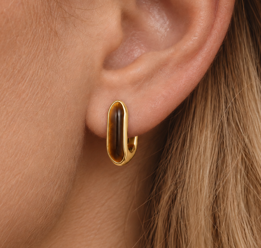 14ct Gold Plated Tiger Eye Huggie Hoop Earrings | Ania Haie