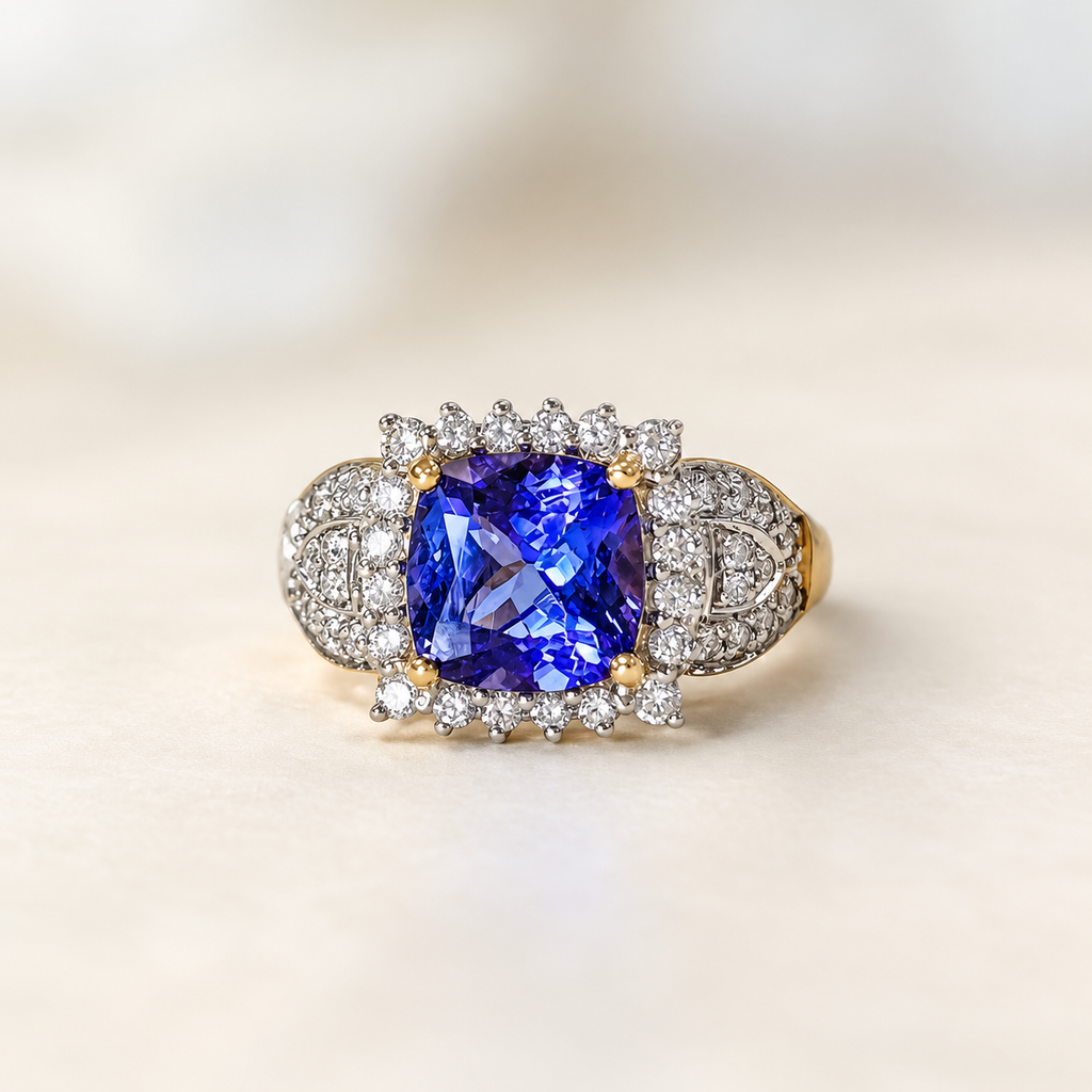 Vintage Indigo Tanzanite and Diamond 18ct Yellow Gold Cluster Chunky Ring | Size N