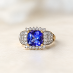Vintage Indigo Tanzanite and Diamond 18ct Yellow Gold Cluster Chunky Ring | Size N