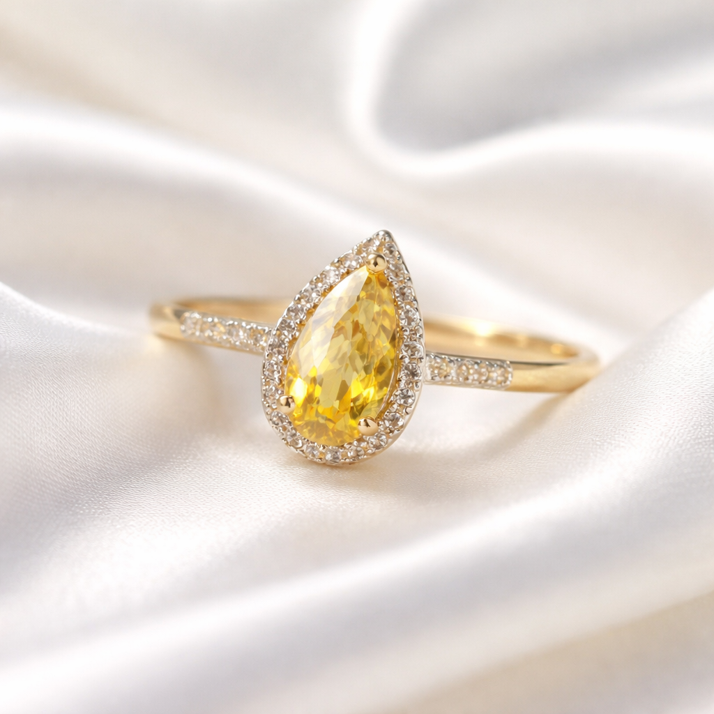 'The Belle' Citrine and Diamond 9ct Yellow Gold Pear Halo Ring | Size N