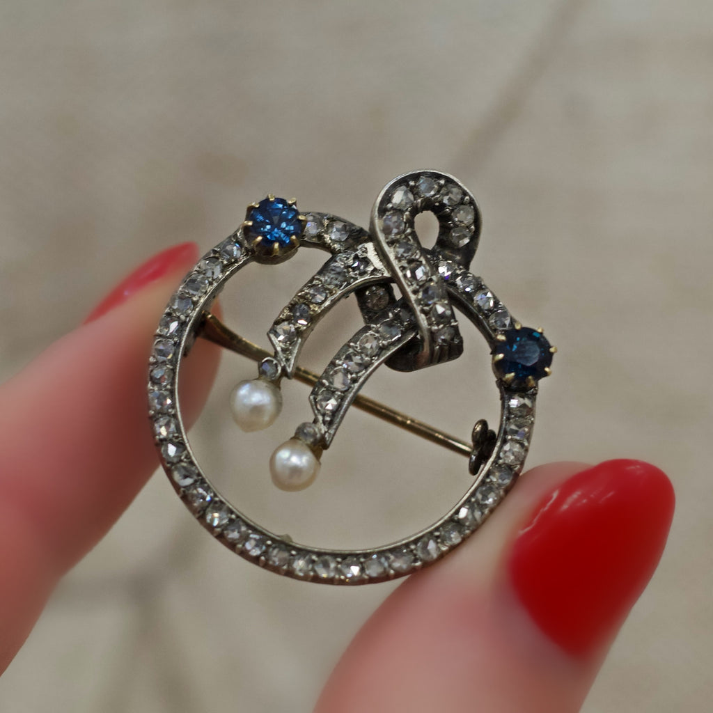 Victorian Sapphire, Pearl and Rose Cut Diamond Brooch