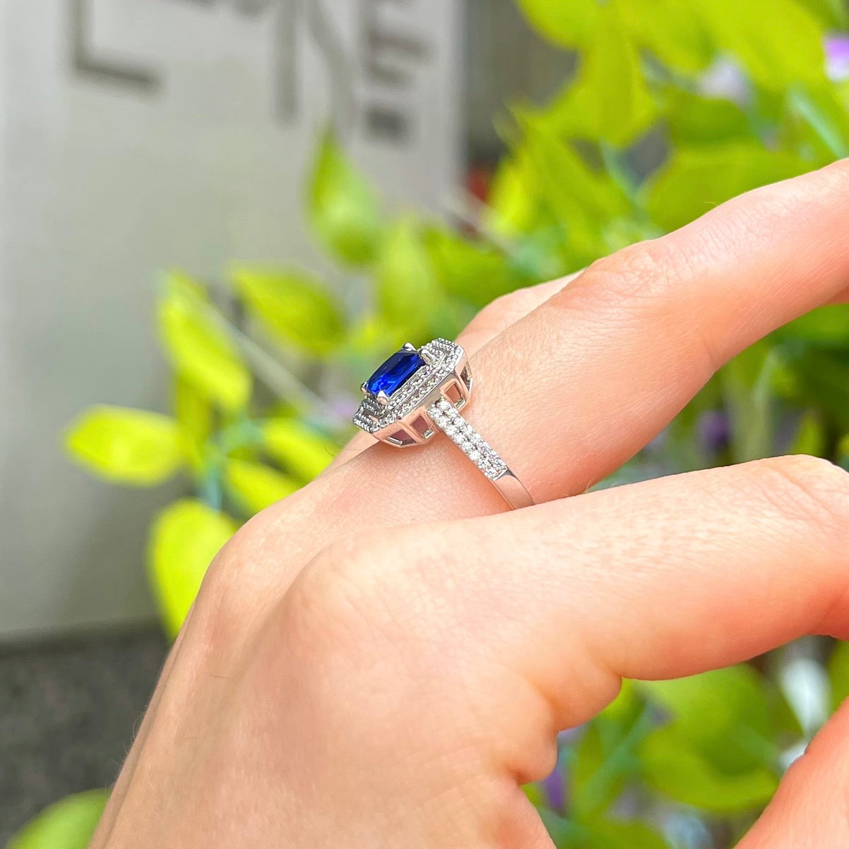 Blue Cubic Zirconia Sterling Silver Square Halo Ring | Size M