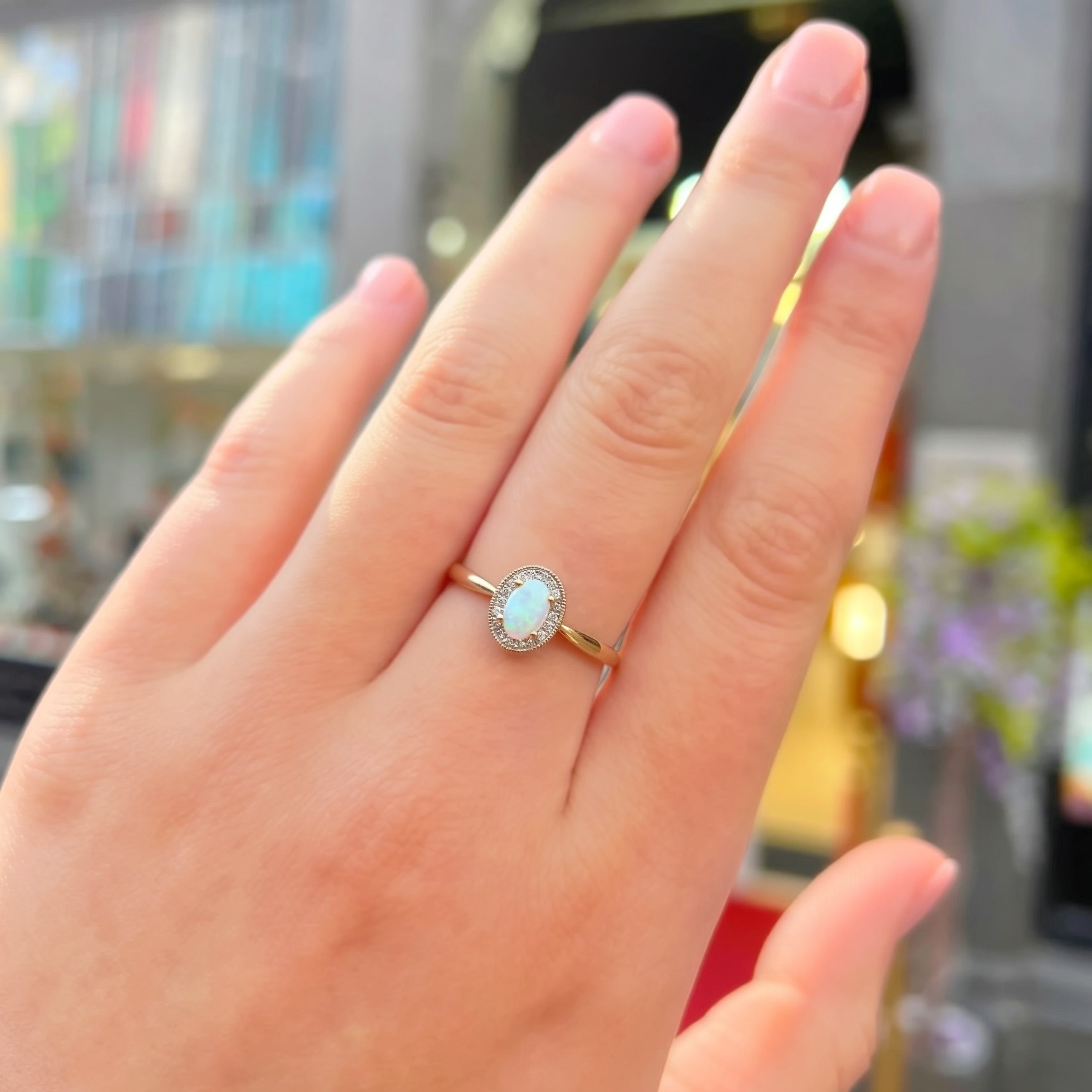 Oval Opal and Diamond 9ct Yellow Gold Halo Ring | Size O