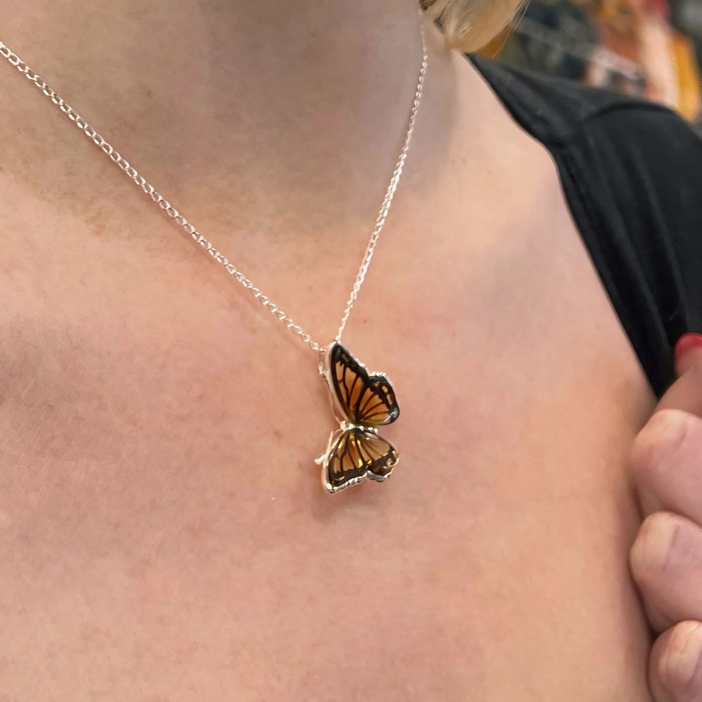 Sterling Silver Amber Monarch Butterfly Necklace