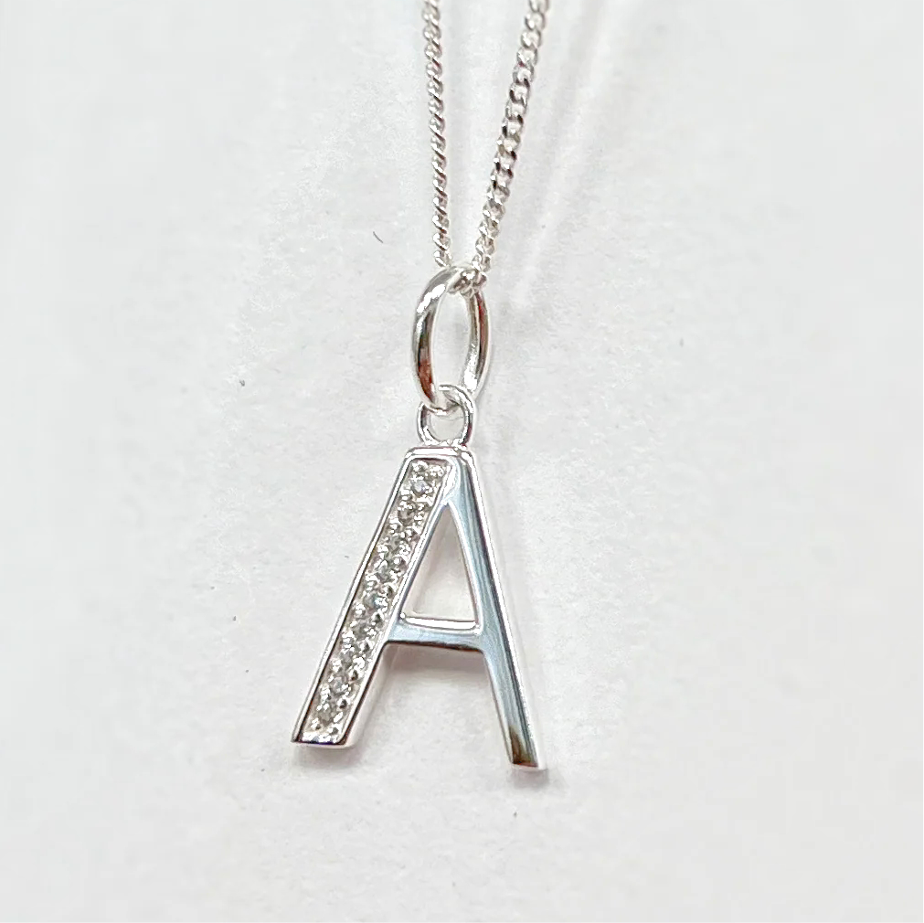 Cubic Zirconia Sterling Silver Initial Pendant (A-Z Available)