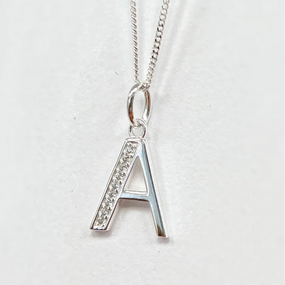 Cubic Zirconia Sterling Silver Initial Pendant (A-Z Available)