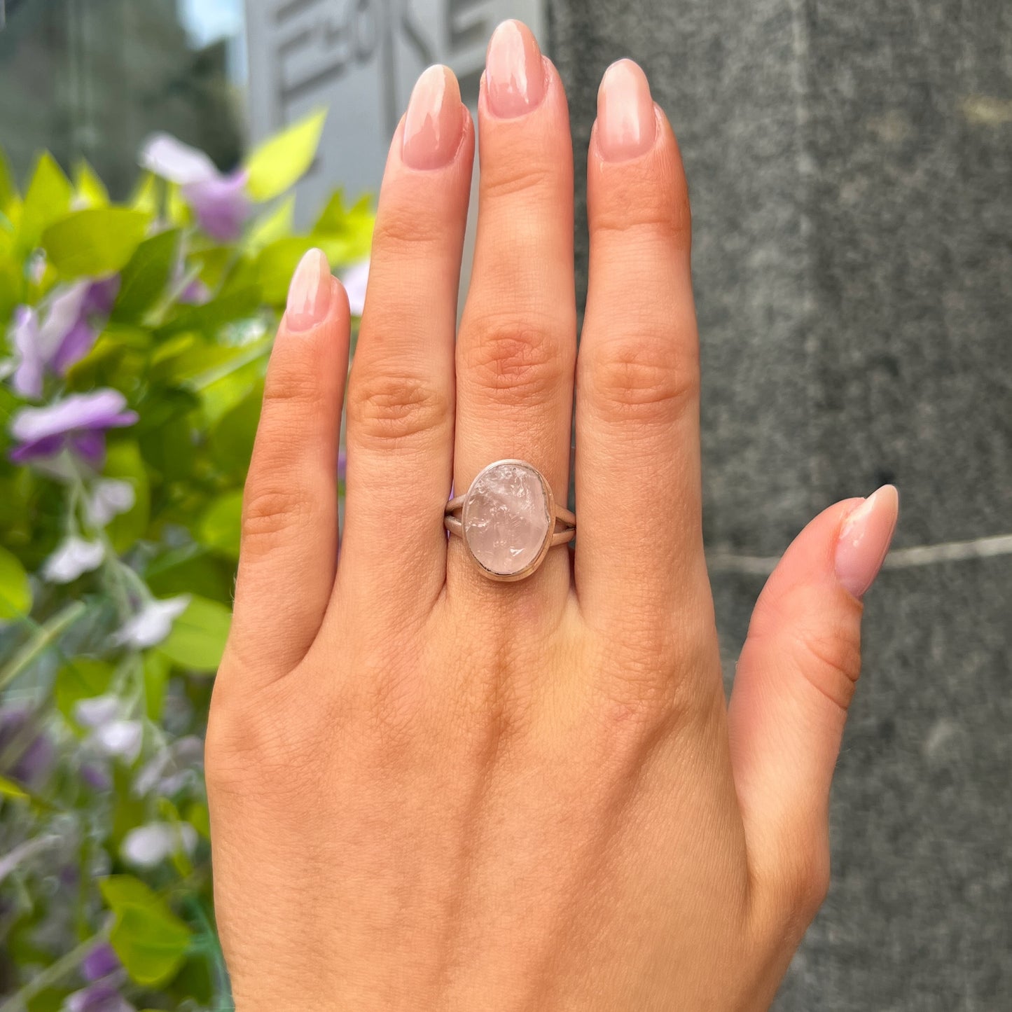 Sterling Silver Rough Oval Cut Pink Rose Quartz Ring - Size M