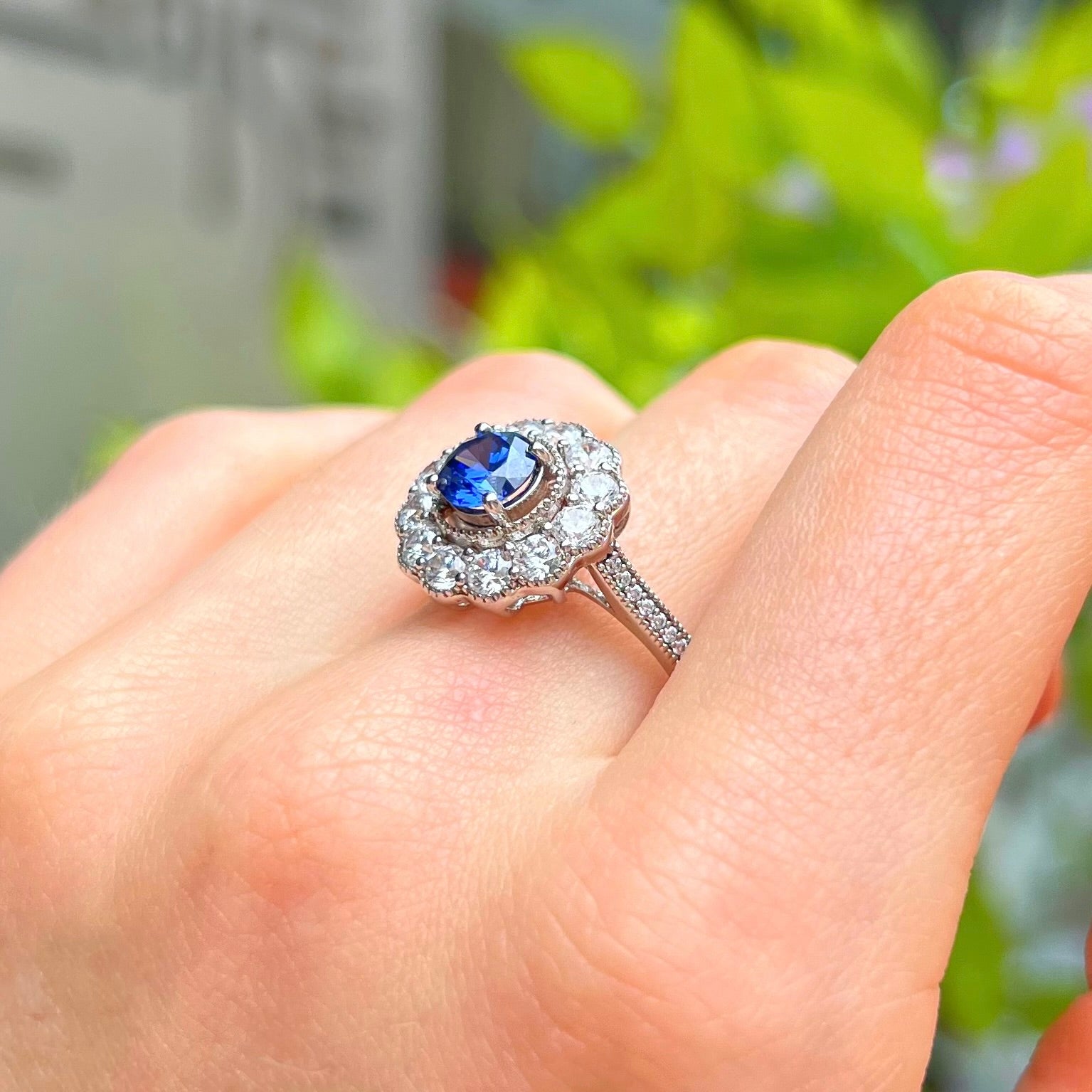 Blue Cubic Zirconia Sterling Silver Halo Ring | Size O ½