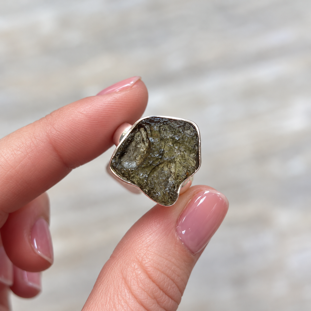 Rough Cut Green Moldavite Sterling Silver Ring | Size P