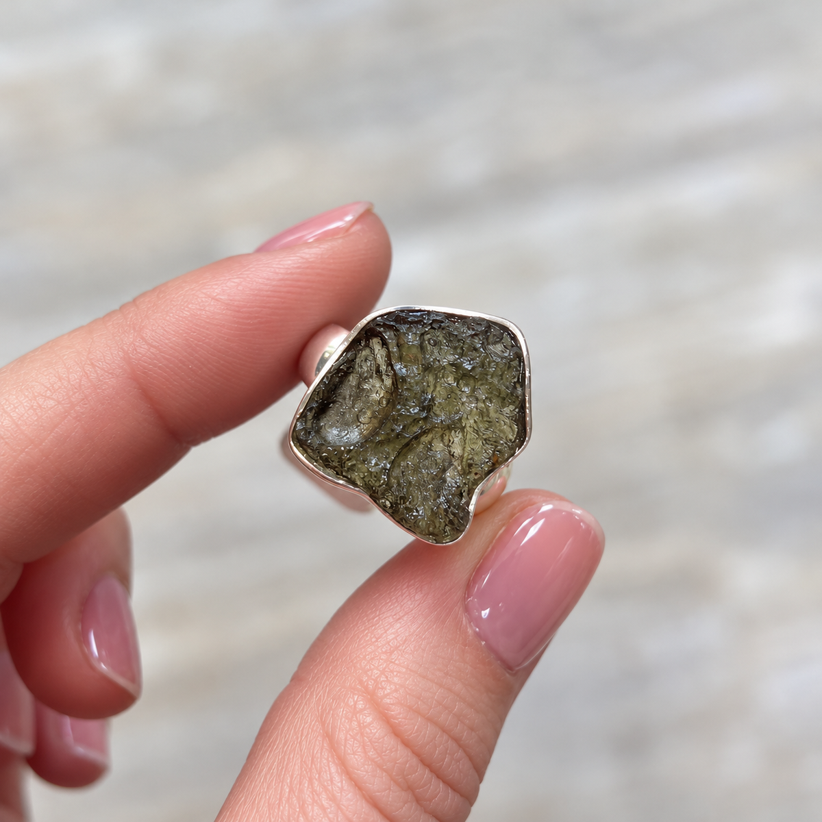 Rough Cut Green Moldavite Sterling Silver Ring | Size P
