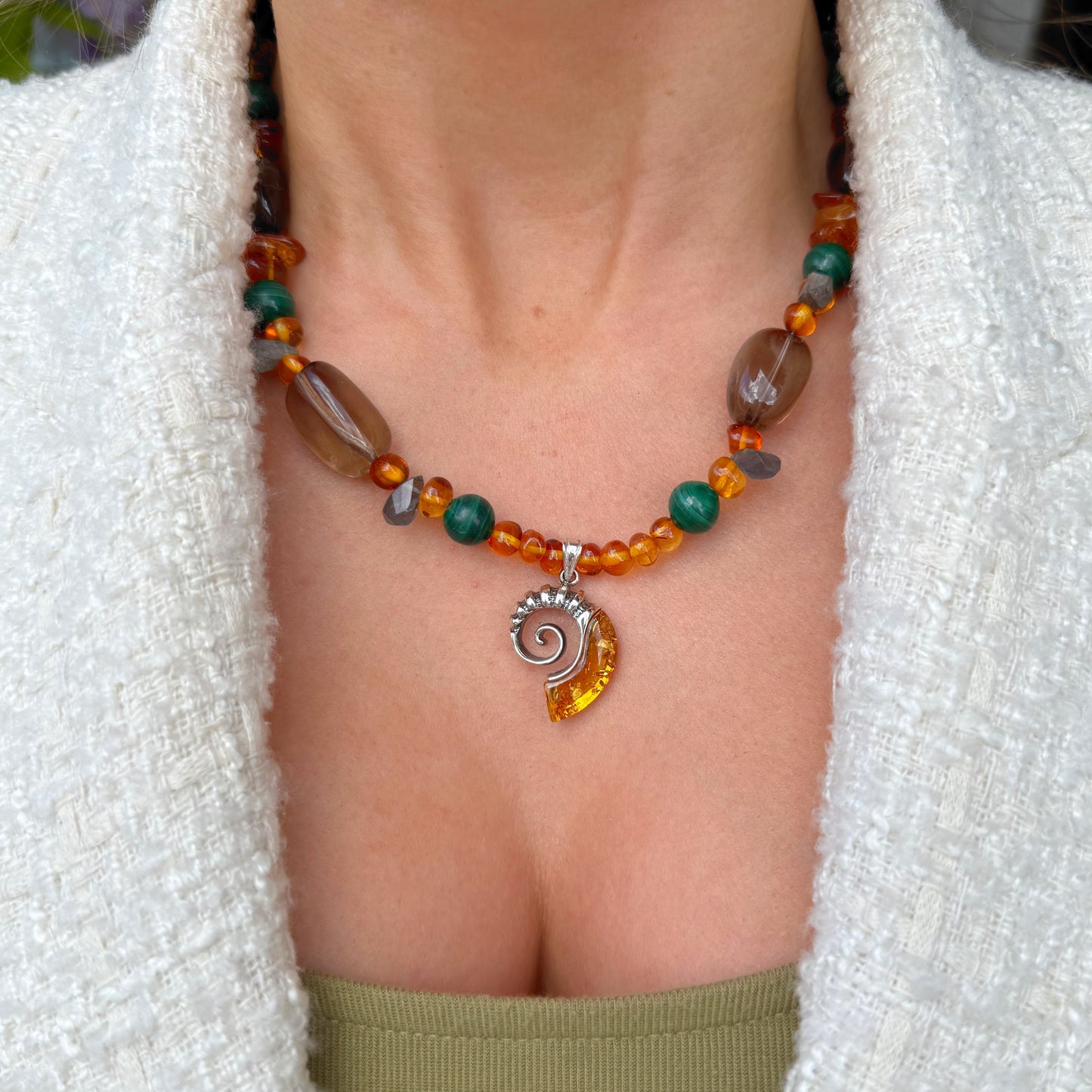 Orange Amber, Green Malachite, Dark Labradorite & Smoky Quartz Fossil Design Sterling Silver Beaded Necklace