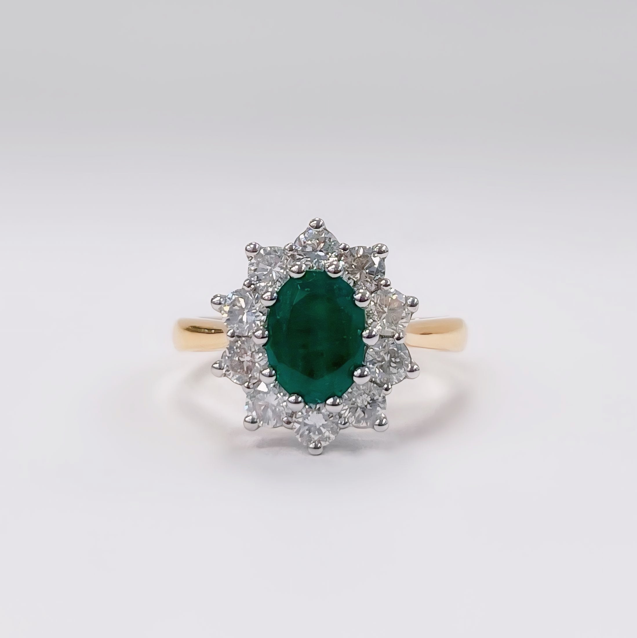Classic Emerald and Diamond 18ct Yellow Gold Cluster Ring | Size M ½