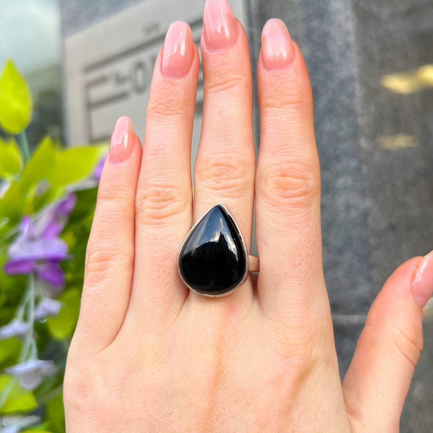 Sterling Silver Pear Cut Black Onyx Ring - Size P